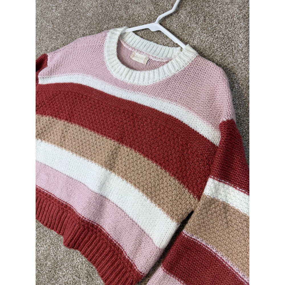 Altar'd State Women‎ Pink Burgundy Striped Cropped Balloon Sleeve Sweater Medium